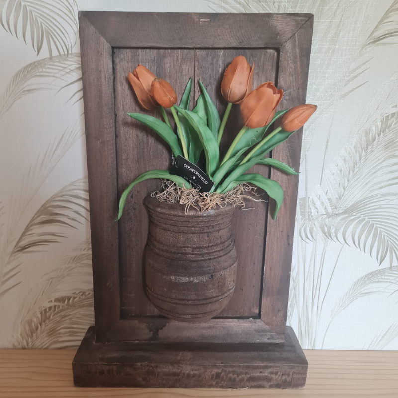 Bruine houten lijst op voet met halve pot | Landelijke decoratie